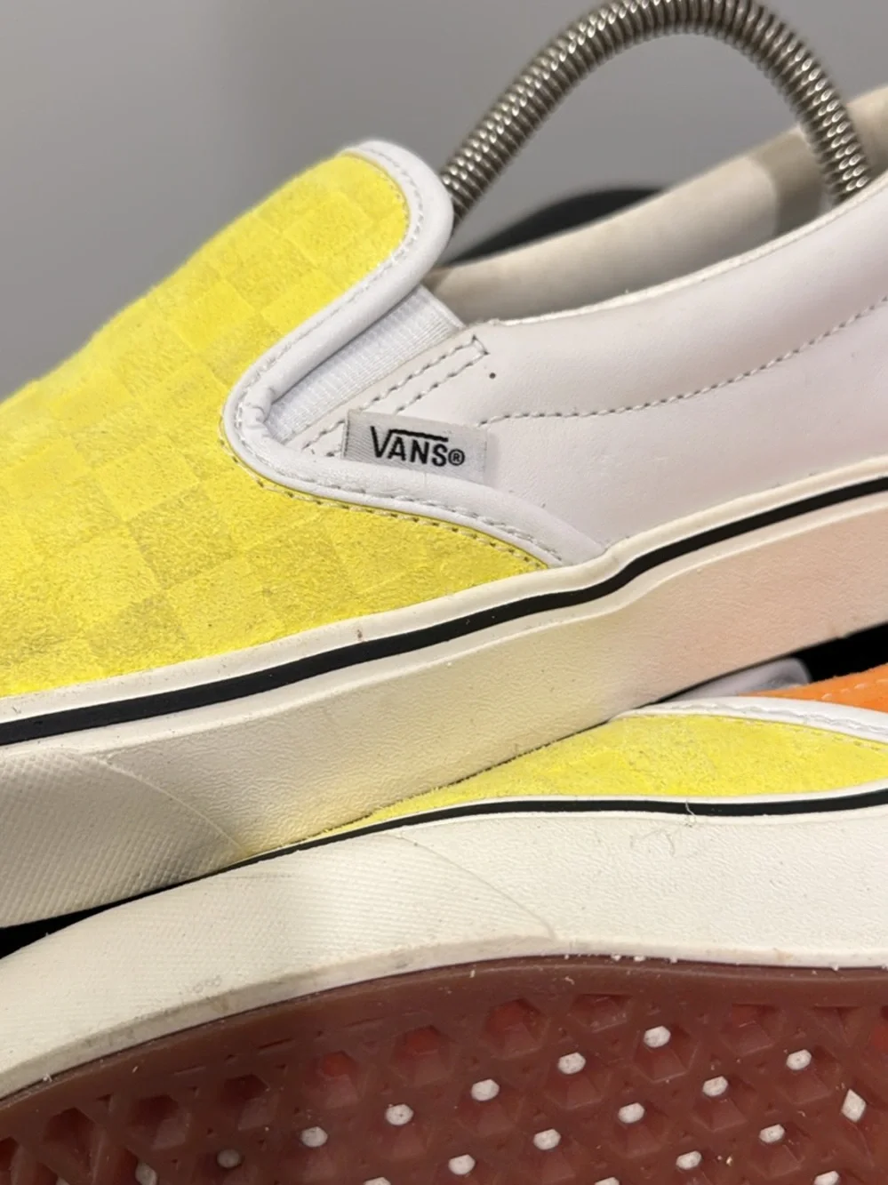 Vans Yellow Checkerboard Slip-On Loafers with Orange Heel Accent